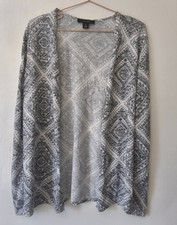 Atmosphere Women’s M Open Front V-Neck Knit Cardigan Grey White Geometric