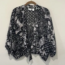 Chicos Shawl Women’s 3 XL Black White Abstract 100% Silk Tie Front Dolman Kimono