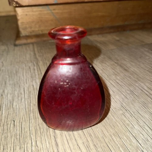vintage ruby red art glass bottle vase Blenko triangle shape 4” Tall