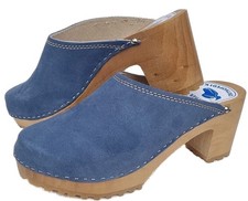 Moderne High Heels HOLZ CLOGS Holz Pantolette Gr.35-42 Wildleder * Himmel Blau*