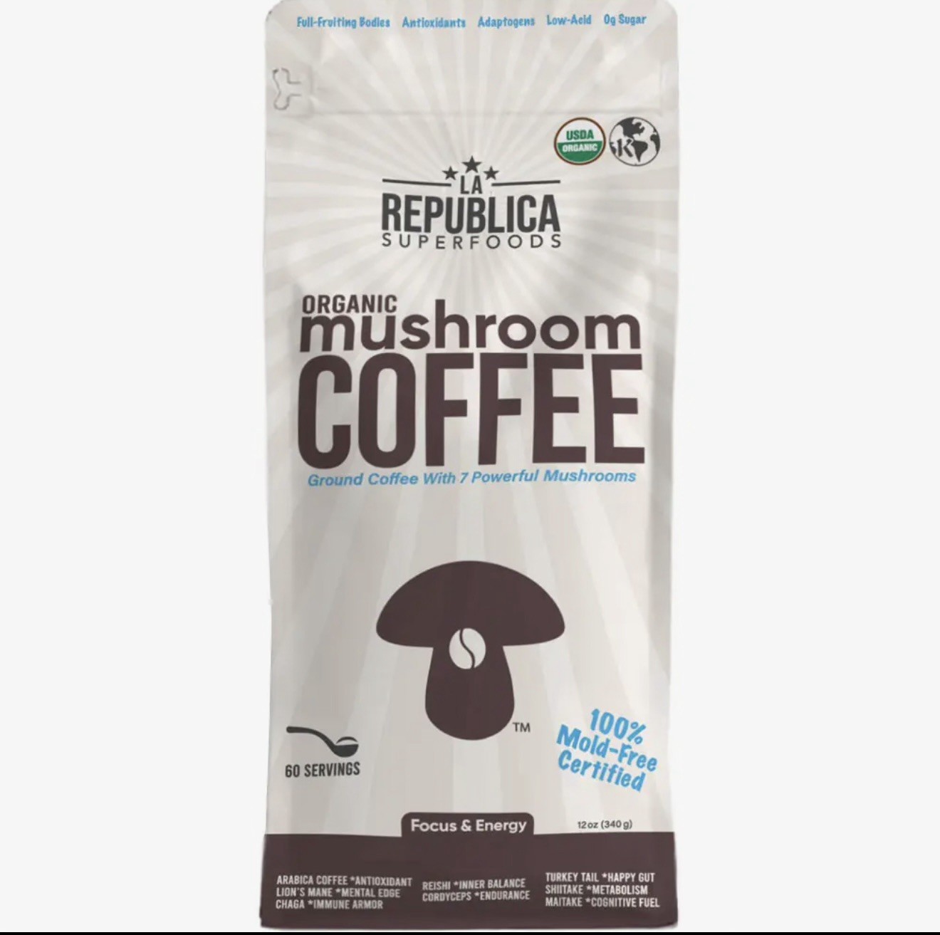 Café de champiñones orgánico molido La República (leones de cuerpo fructífero completo) 12 oz