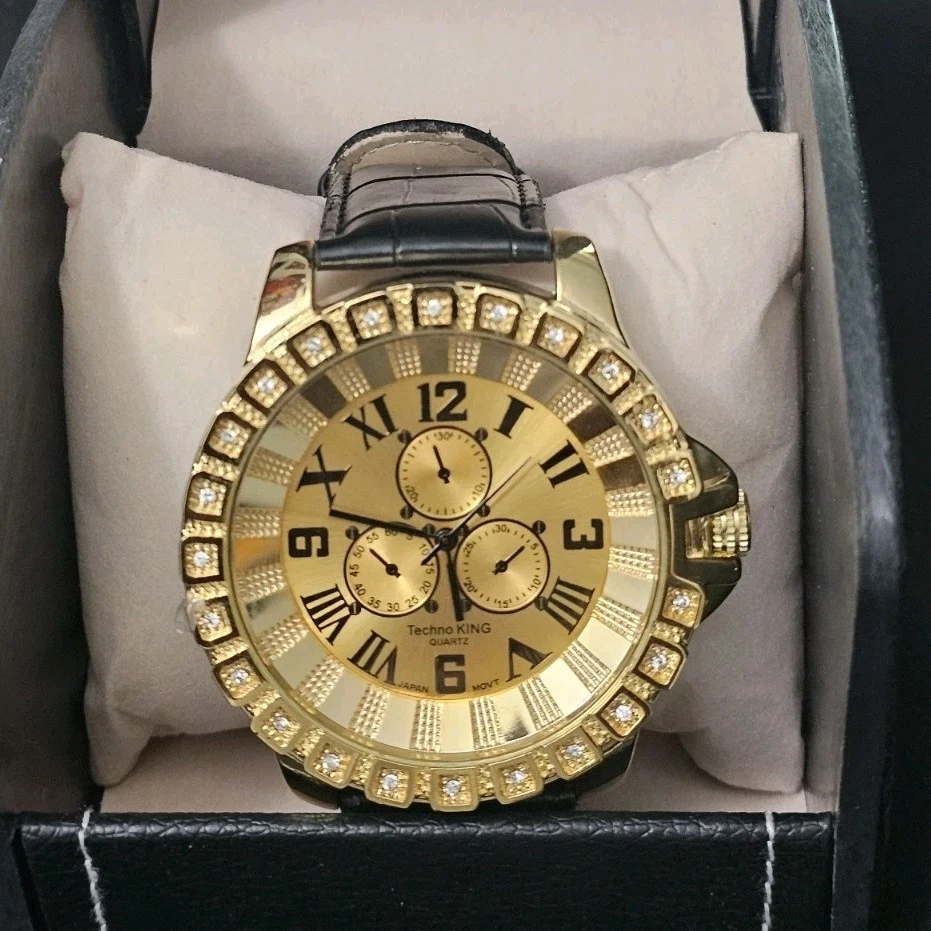 57mm Men\'s Chronograph Quartz Gold Tone LARGE Watch w/Black Leatherette Band Men main image 2