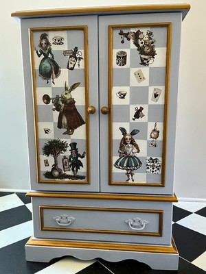 Bombay Co 21  Jewelry Box Armoire Hand Painted & Alice In Wonderland Transfers
