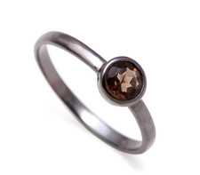 Natural Smoky Quartz Round Ring Black Oxidized Sterling Silver Vintage Jewelry