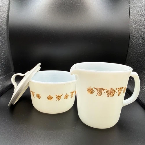 Vintage Pyrex Butterfly Gold Creamer &  Sugar Bowl w/ Plastic Lid Set Corning