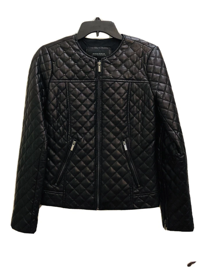 neiman marcus Quilted Stud Trim Leather Jacket NWT Size XS - Image 2 of 4