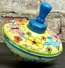 VINTAGE 1960's OHIO ART TIN 5" SPINNING TOP LITHO TOY FLOWERS  BIRDS WORKS 