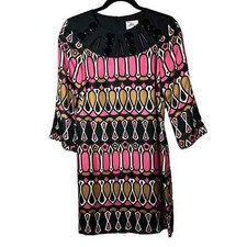 Milly of New York Size 4 100% Silk Black Pink Tan Beaded 3/4 Sleeve Dress