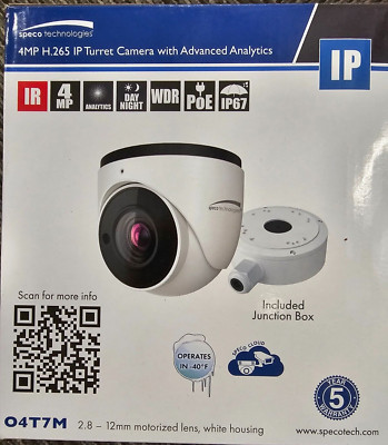 New SPECO 4MP H.265 IP, 165' IR, PoE, WDR, 2.8-12mm, white Turret Camera-#O4T7M