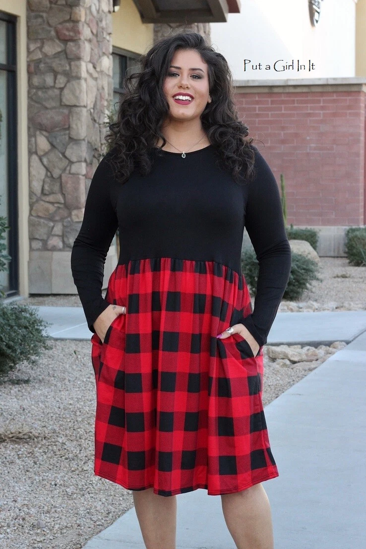 New PLUS SIZE Womens SOFT RED BLACK PLAID BABYDOLL DRESS POCKETS 1X 2X 3X  USA