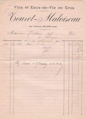 BELLEME TOURET MALOISEAU WINES EAUX DE VIE WHOLESALE YEAR 1901 CAFE LEHOUX GEMAGES