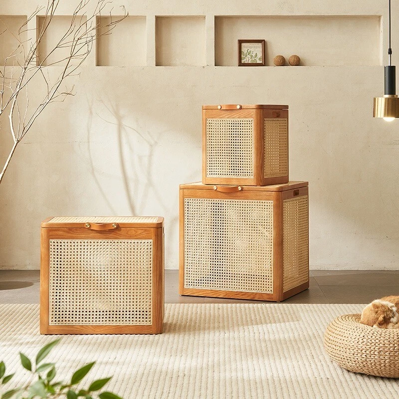 Solid wood rattan storage box Storage stool wabi Sabi wind furniture storage box - Image 3 of 4