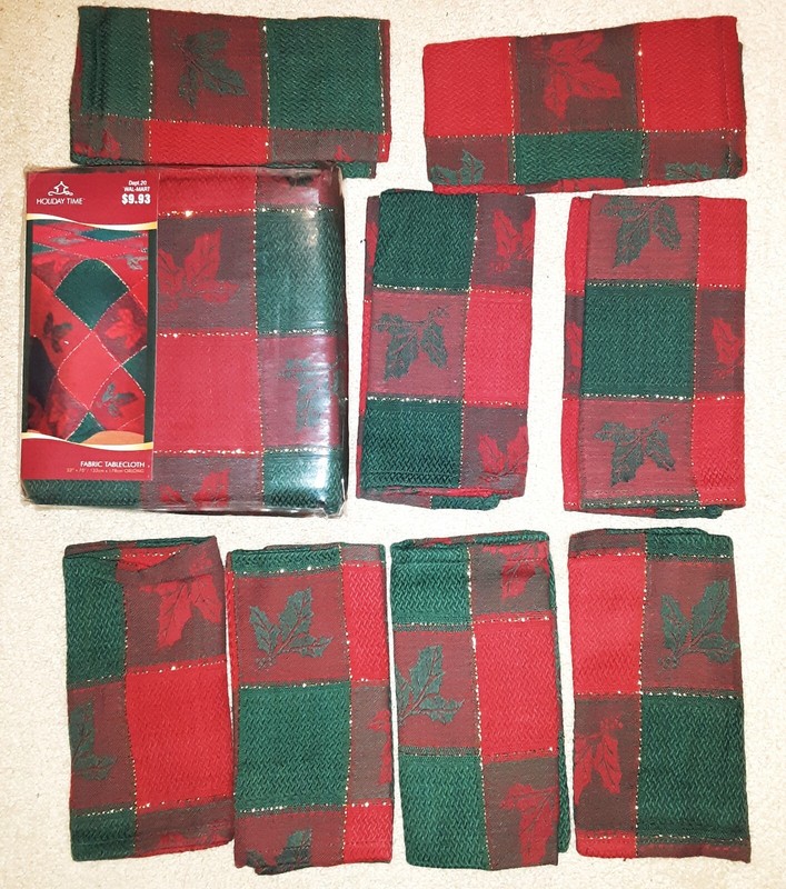 Red & Green Christmas Plaid Tablecloth and Napkins With Pine Cone & Holly