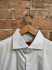 ISAIA Men s Dress Shirt, Sz 16.5/42 Blue/White Stripe Italy