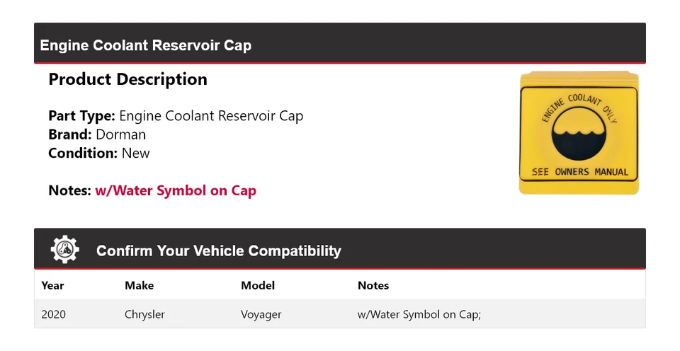 For 2020 Chrysler Voyager Dorman Engine Coolant Reservoir Cap - Image 2 of 4