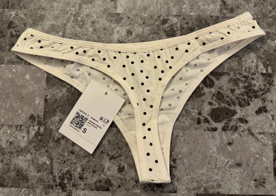 NUEVO CON ETIQUETAS FOREVER 21 BRAGAS TANGA PEQUEÑAS MARFIL NEGRO LUNARES Foto 3 de 3