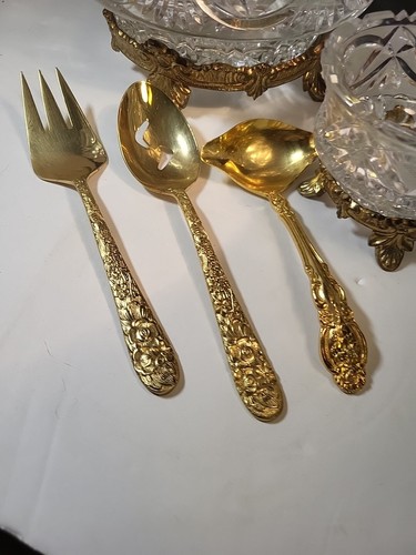 Vintage elegante Kristallschale auf Metallsockel mit passender kleiner Schale und Utensilien - Bild 7 von 8