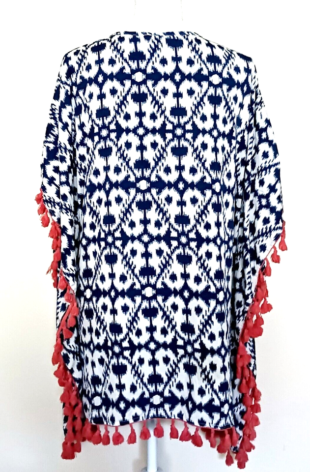 Beaches & Boho Swim Cover Up Blue Ikat Coral Tassel Fringe S/M eBay