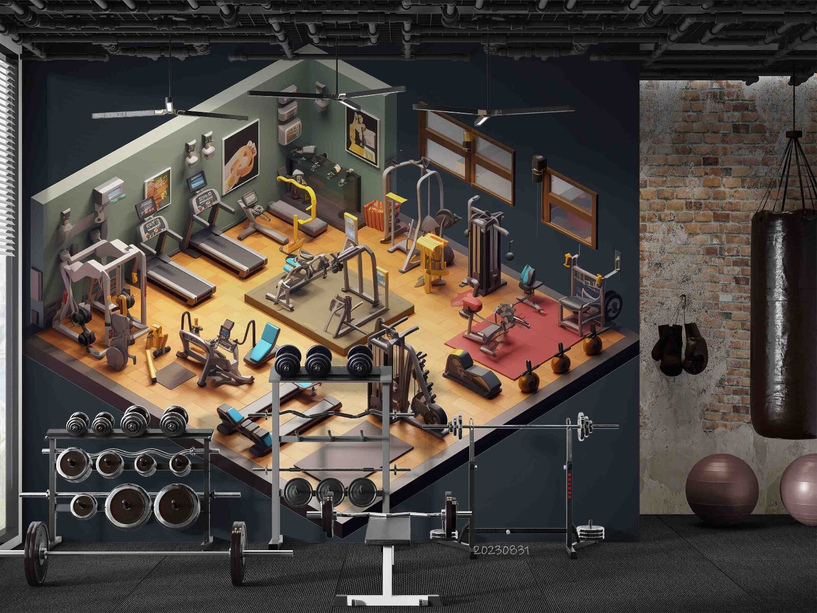 3D Gym Room Fitness Self-adhesive Wallpaper Removable Wallpaper Wall Mural