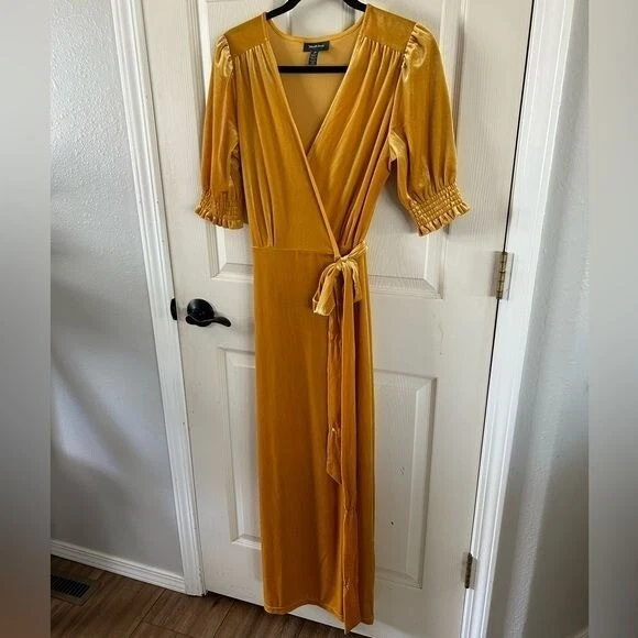 Modcloth Yellow Golden Velvety Wrap Maxi Dress, Sz Medium - Image 2 of 4