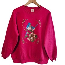 Vintage Birds Sweatshirt Women XL Pink 90s Flowers Granny Cottage Retro Pullover