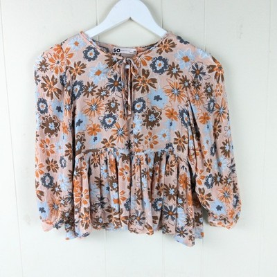 SO Peplum Crop Babydoll Top Women Size XS Floral 3/4 Sleeves V-Neck Pullover