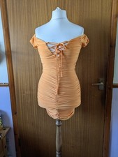Edge Street Orange Lace Up Ruched Mini Dress Off Shoulder Bodycon Clubbing UK 8