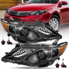 Halogen Headlight Assembly 2012-2014 Camry Black Housing Amber Reflector w Bulbs