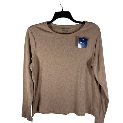 NWT Basic Editions Tan Heather Long Sleeve Cotton T-Shirt Crew Neck Top XL 16/18