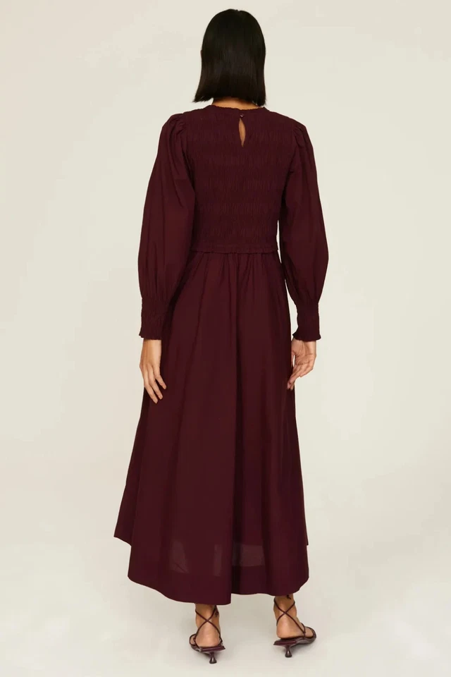 APIECE APART Altro Cotton Long Balloon Sleeve Maxi Dress Smocked Maroon Size M - Image 3 of 4