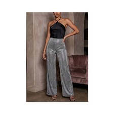 House of CB Margarita Silver Sparkly Wide Leg Trouser Pants Size Small