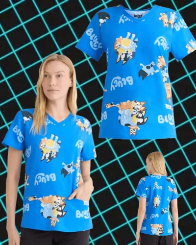 Bluey Women's  SIZE S 4-6 Scrub Top Collection V Neck Short Sleeves COLOR Blue - Picture 2 of 21