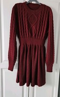 Burgundy Cable Knit  Dress Size L UK 14 Fit Flare Skater  Maroon  Long Sleeve