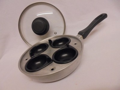 VINTAGE ALUMINIUM & KUNSTSTOFF GLASDECKEL VIER EIER POCHIERER PFANNE & DECKEL CAMPING