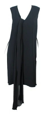 THE ROW Black Woven V-Neck Sleeveless Scarf-Detail Shift Dress M