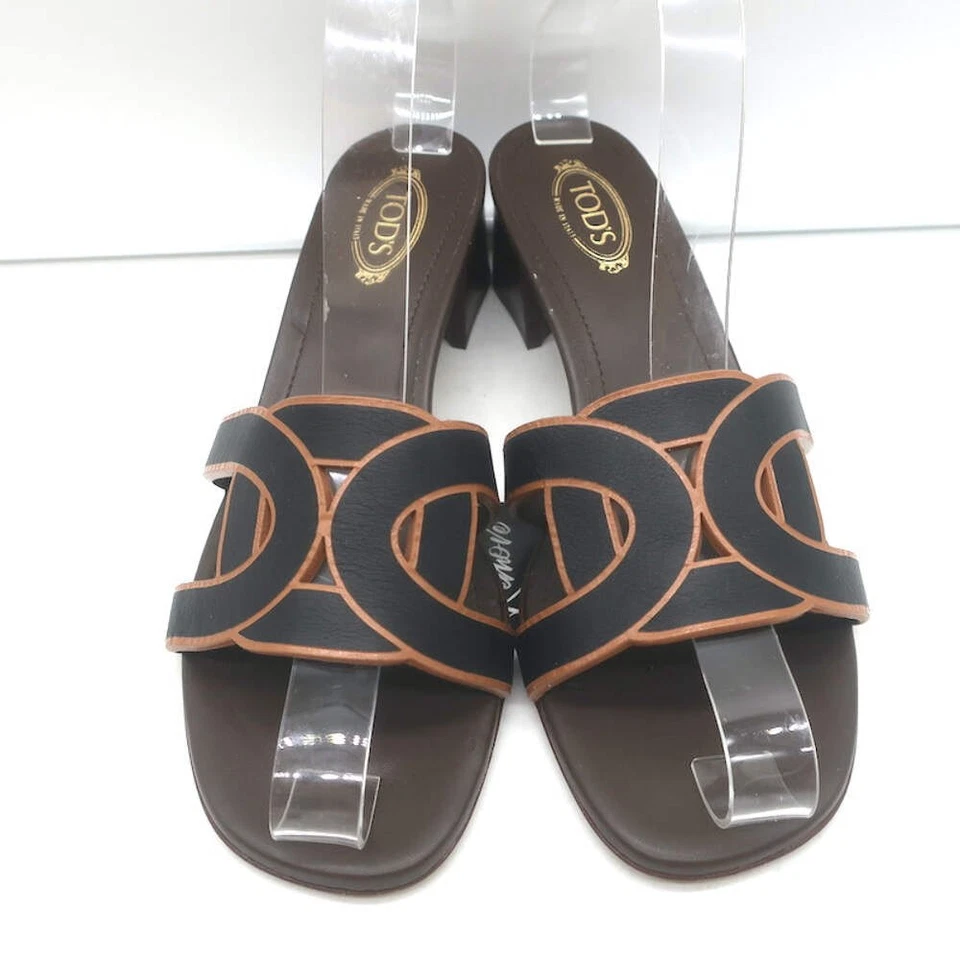 Sandalias Tod's Kate Tacón Bajo Cuero Negro Talla 38 Punta Abierta Mules NUEVAS Foto 3 de 4