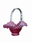 Fenton Cranberry Opalescent Hobnail Glass Basket Ruffled Edge Handle Vintage MCM