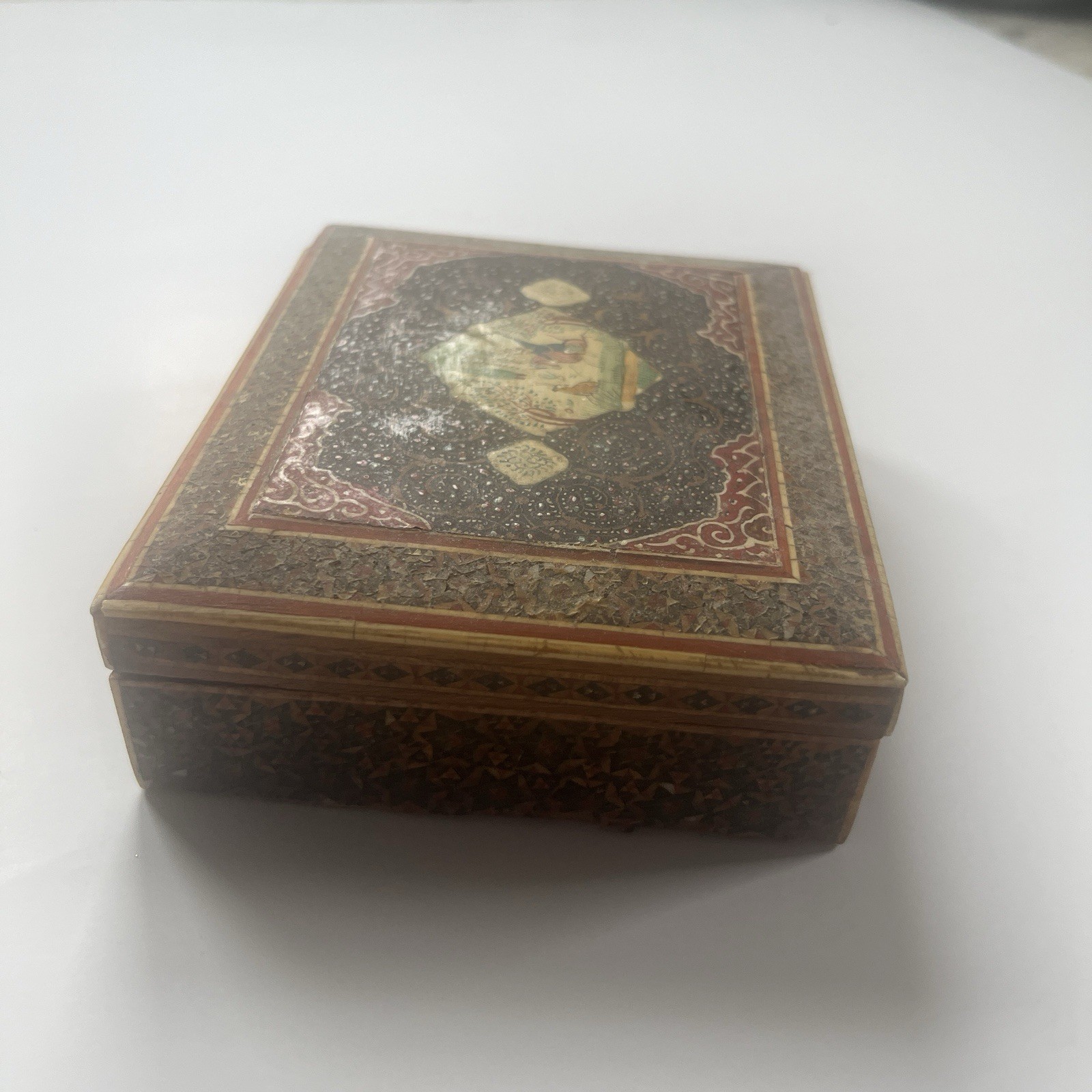 Vintage Persian Khatam Inlaid Micro Mosaic Jewelry box hand Painted 5’’ X 4.5’’