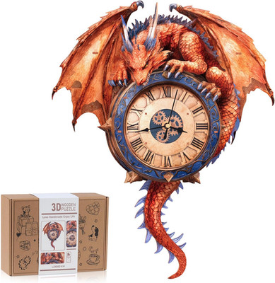 3D Puzzles for Adults, 3D Puzzle Fiery Dragon Clock Kit (With Pendulum), Wooden