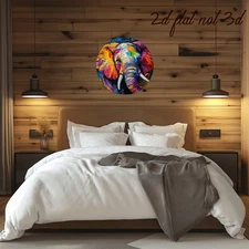2D Flat 8x8inch Piece Colorful Elephant Round Metal Wall Decoration- Modern Alum