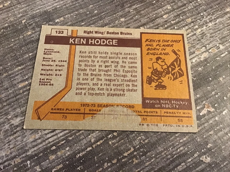 1973-74 Topps Ken Hodge Boston Bruins Card #133🏒🏒💥 - Image 2 of 2