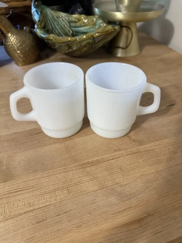 Lot Of 2 Vintage Anchor Hocking Fire-King Stackable Mugs Cup Milk Glass White