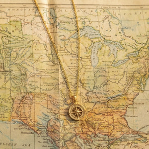 Authentic Gold Plated Dainty Compass Pendant Necklace, 925 Silver Minimalist Travel
