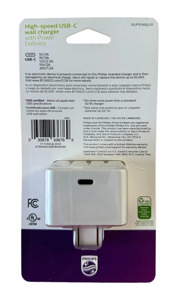 Cargador de pared Philips USB-C de alta velocidad con suministro de energía 30W - blanco 6X más potencia Foto 2 de 4