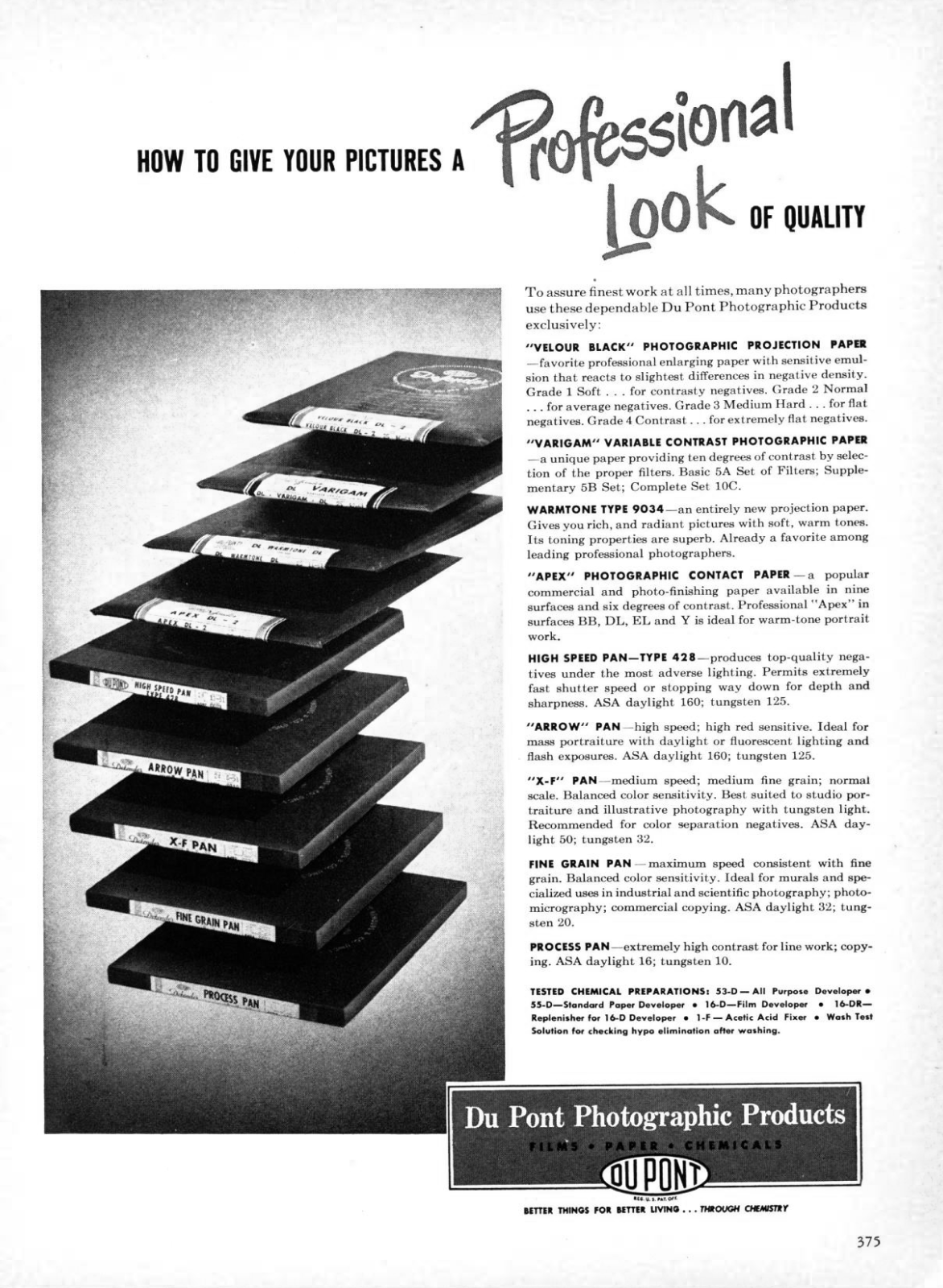 1951 DU PONT PHOTOGRAPHIC PRODUCTS DARKROOM PAPERS & FILM VINTAGE PRINT