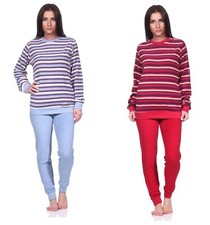 Neu Frauen/Damen Frottee Schlafanzug/PYJAMA Blau/Rot Baumwolle Langarm Bund 3531