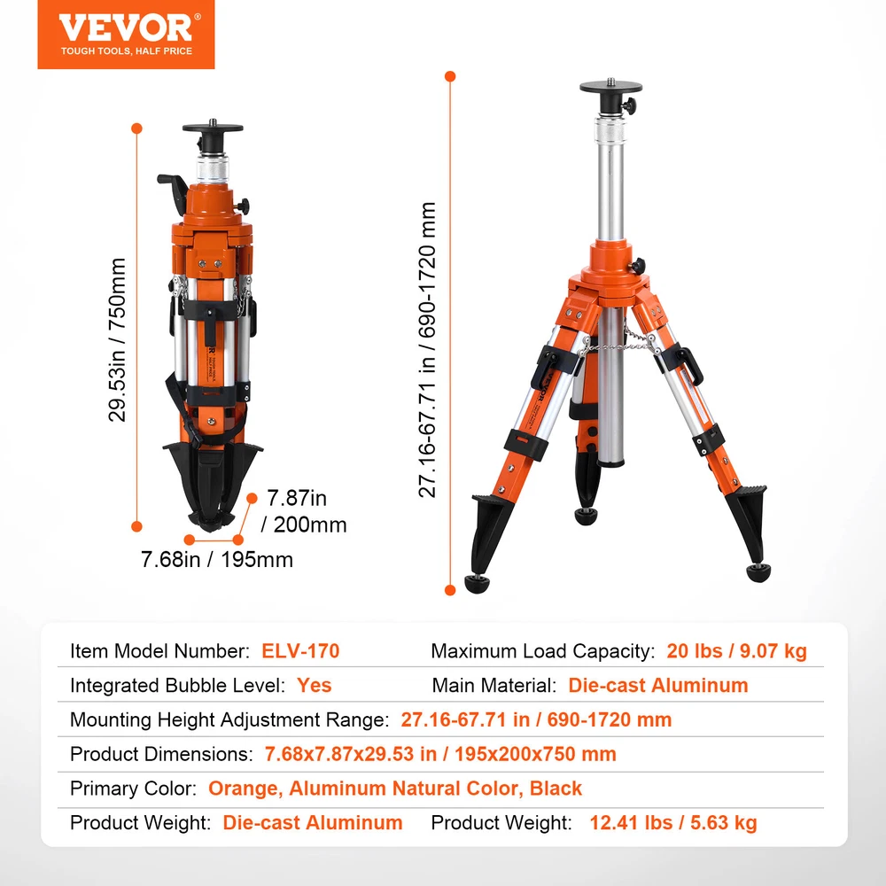 VEVOR Laser Level Tripod Stand 5/8"-11 Thread Mount Height Adjustable Heavy Duty