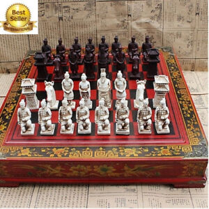 Chess Set Board Vintage Antique Folding Box Warrior Carved Toys Collectible