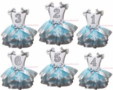 Birthday 1ST 2ND 3RD White Top Snowflakes Blue Silver Satin Trim Skirt NB-8Y