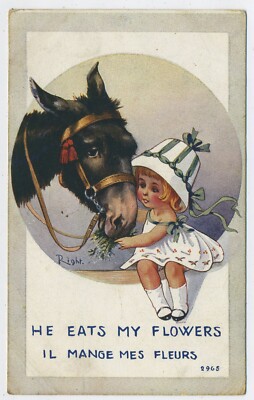 Er isst meine Blumen (kleines Mädchen & Pferd) Vintage Postkarte H25
